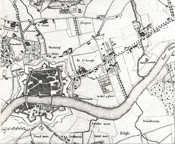 Plan Altermatt 1822: Stadt Solothurn mit Wehranlage und der Baselstrasse