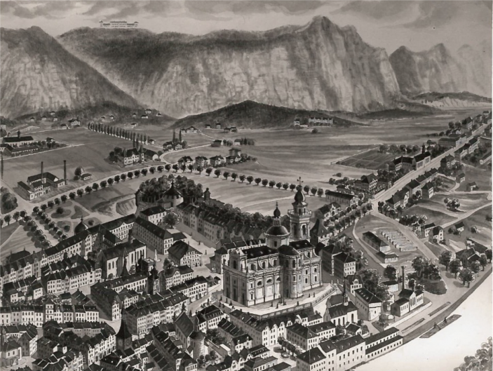 Stadt Solothurn aus der Vogelschau, Pinselzeichnung von L. Wagner 1884