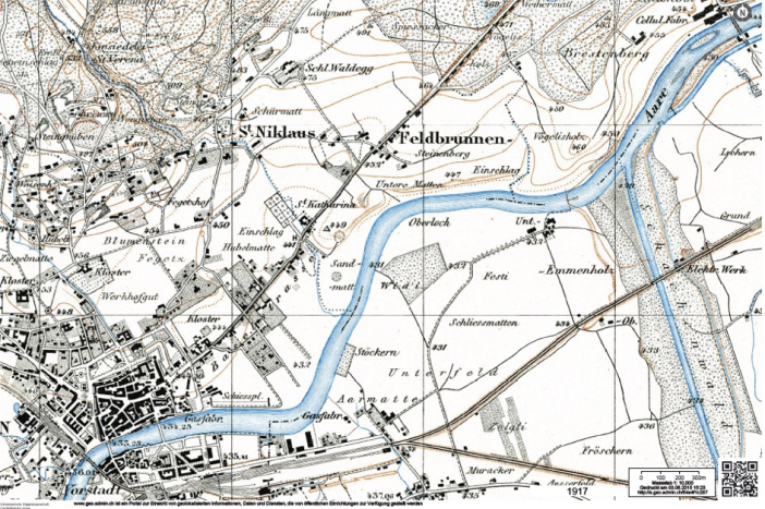 Karte Swisstopo 1917, neu mit Bahnlinie SNB