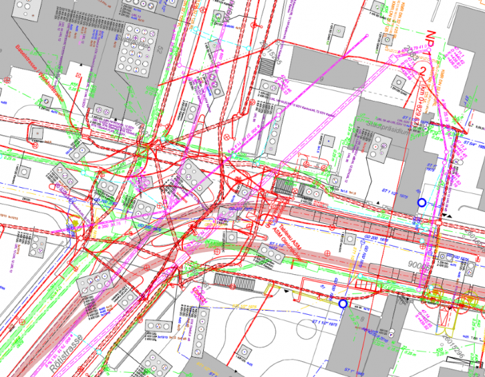 Ausschnitt aus dem Werkleitungsplan beim Baseltor, welcher die bestehenden Leitungen im Boden aufzeigt   