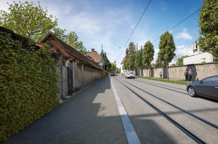 Blick in Richtung Baseltor-Kreisel: Dem Fuss- und Veloverkehr steht trotz der beengten Verhältnisse auf beiden Strassenseiten genügend Platz zur Verfügung, weil sich in der Strassenmitte Bahn und motorisierter Individualverkehr ihre Spuren teilen.