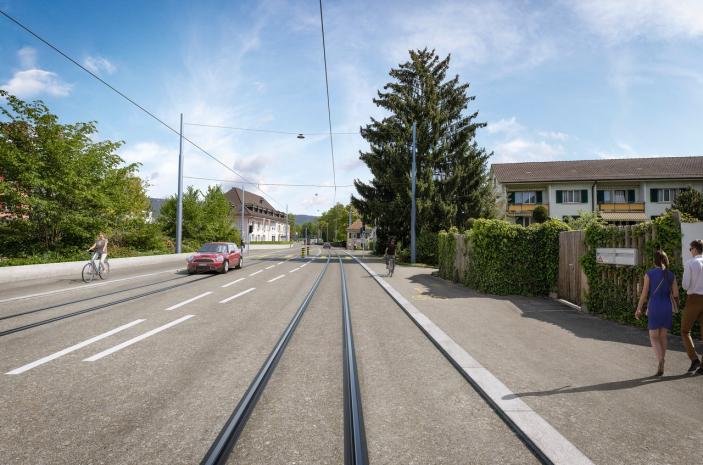 Blick in Richtung St. Katharinen: Sichere Fussgängerverbindungen mit Lichtsignalanlagen und Mittelinseln sowie getrennte Fahrbahnen für den schnellen und den langsamen Velo-/Verkehr schaffen auf der Baselstrasse eine Ordnung, die den gesamten Verkehrsfluss verbessert. 